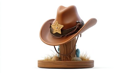 A whimsical cowboy hat with a sheriff badge sits atop a wooden post. Nestled in grass, it evokes a playful western vibe, inviting imagination and adventure in a fun, lighthearted atmosphere