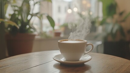 Fototapeta premium Morning Bliss: Close-Up of Steaming Coffee Cup on Wooden Table in Cafe Ambiance