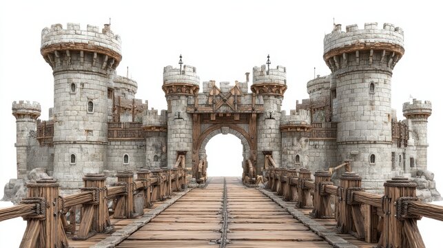 A vibrant medieval castle gate stands proudly, featuring a lowered drawbridge and intricate stone towers. The surrounding area is designed in a whimsical, fantasy style, invoking a sense of adventure