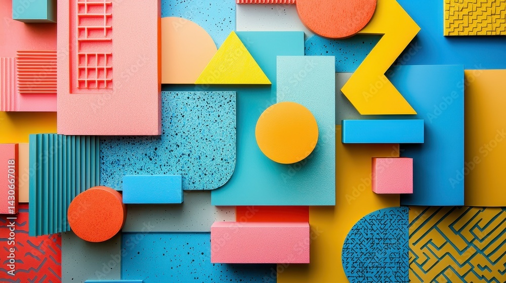 Poster colorful geometric patterns create a vibrant abstract composition of shapes and textures.