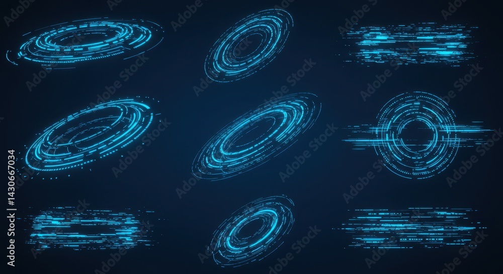 Poster abstract digital art: glowing blue circular and linear elements in dark background