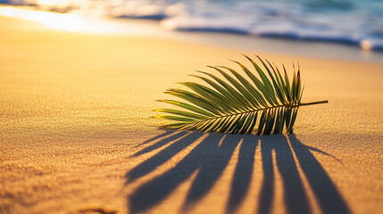 Selective focus on the shadow of a coconut leaf on clean sand, capturing the essence of summer and holiday vibes on the beach.