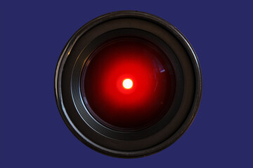 Close-up of a camera lens with glowing red light. Symbolizes machine vision, robotics, and...