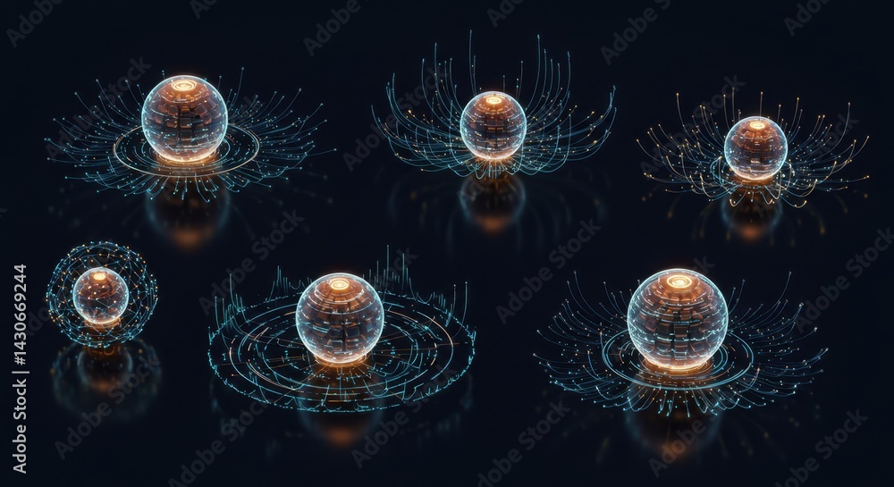 Poster abstract digital spheres glowing orb network connections futuristic technology data visualization