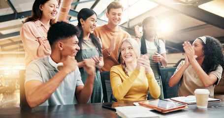 Happy people, team and meeting with applause on tablet for winning, promotion or good news at...
