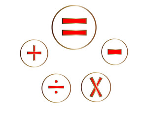 A collection of mathematical symbols arranged in a grid format, depicting operations such as addition, subtraction, multiplication, division, and equality.