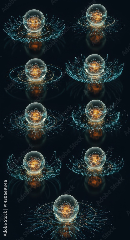 Poster abstract atomic structure animation series: a digital art exploration of energy and form