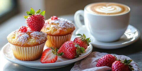 A cafÃ© setting featuring strawberry muffins on a plate, alongside a cup of cappuccino and a fresh strawberry garnish