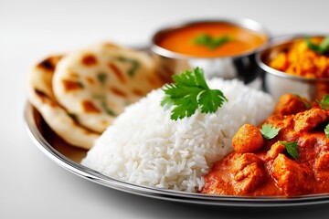 Celebrate culinary tradition with a colorful thali featuring assorted Indian dishes on white. Traditional thali showcases a vibrant assortment of Indian dishes including curry, rice, and naan
