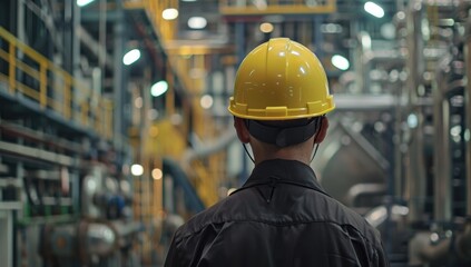 A worker in the background of an industrial plant, wearing protective gear and looking at machinery or equipment.