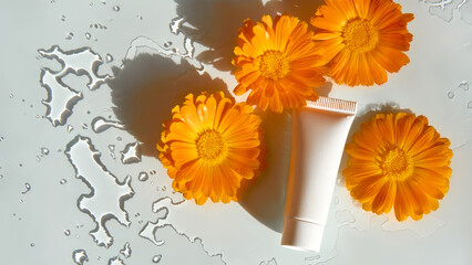 Skincare cream tube styled with fresh calendula flowers on wet glass surface. Bright petals and...