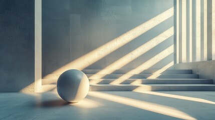 A minimalist interior scene with a white sphere and soft sunlight casting shadows.