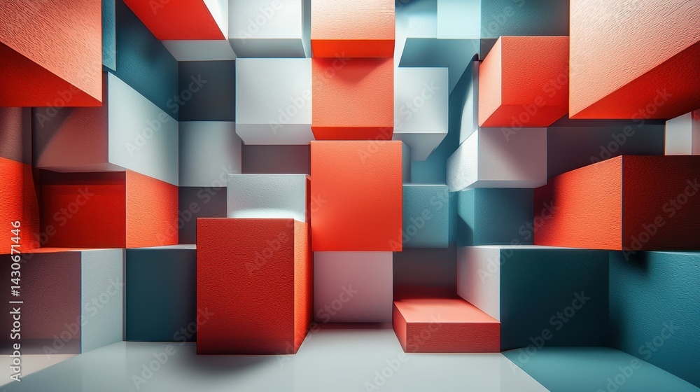 Poster abstract arrangement of colorful blocks in red and blue tones, creating a 3d effect.