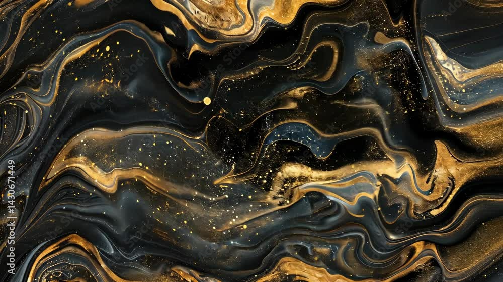 Poster swirling black and gold textures blend elegantly, featuring shining details adding depth and intrigu