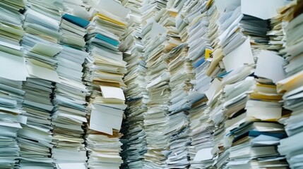 Towering stacks of papers, documents, and files.  A massive archive or repository of paperwork