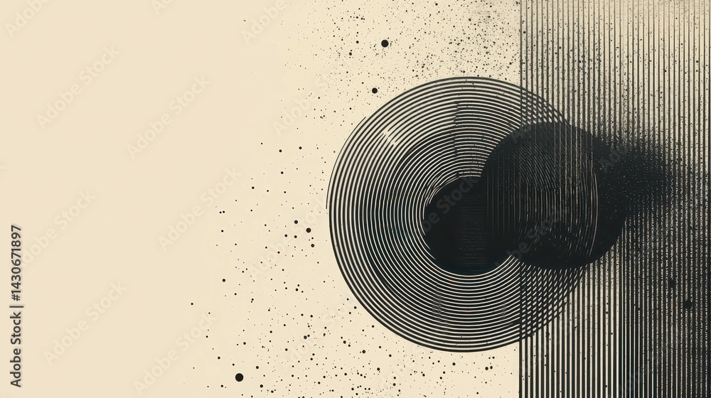 Poster abstract circular design with lines and textures on a neutral background.