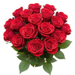 Obraz premium A beautiful bouquet of vibrant red roses with lush green leaves on a white background isolated shot