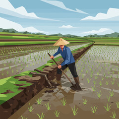 Farmer Working Rice Field Using Shovel in Water Landscape Illustration