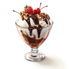 Delicious ice cream sundae with chocolate sauce, fresh berries, and nuts
