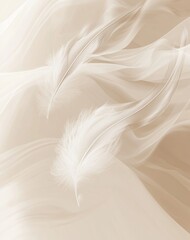 Obraz premium A delicate digital illustration of soft, flowing white feathers floating in the air on an abstract beige background, symbolizing grace and tranquility. 