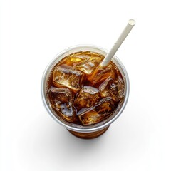 Iced coffee in disposable cup with straw