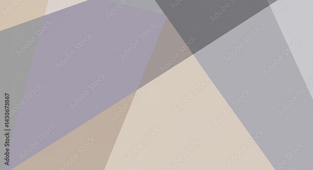 Poster overlapping geometric shapes abstract background muted tones gray beige lavender pattern design text