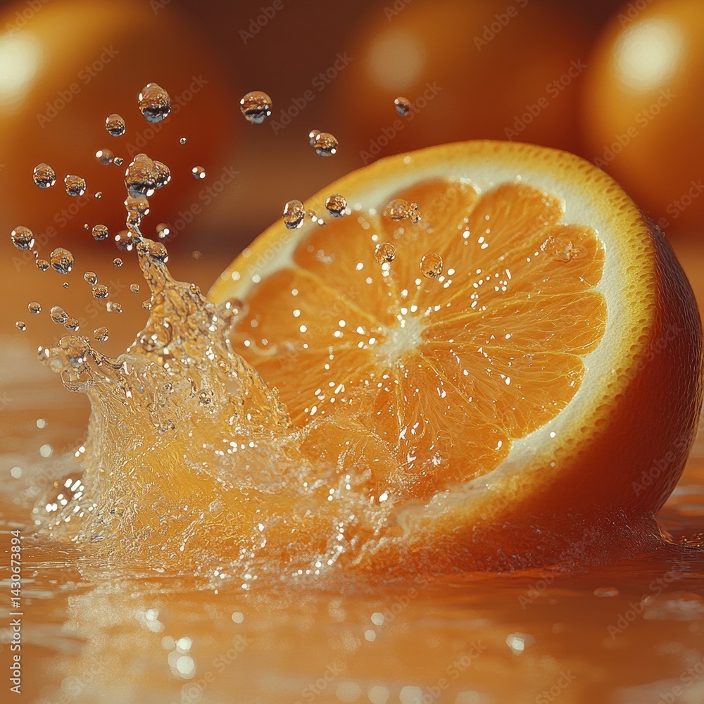 Poster bright orange juice splash from a freshly cut orange in a vibrant setting showcasing 3d rendering te