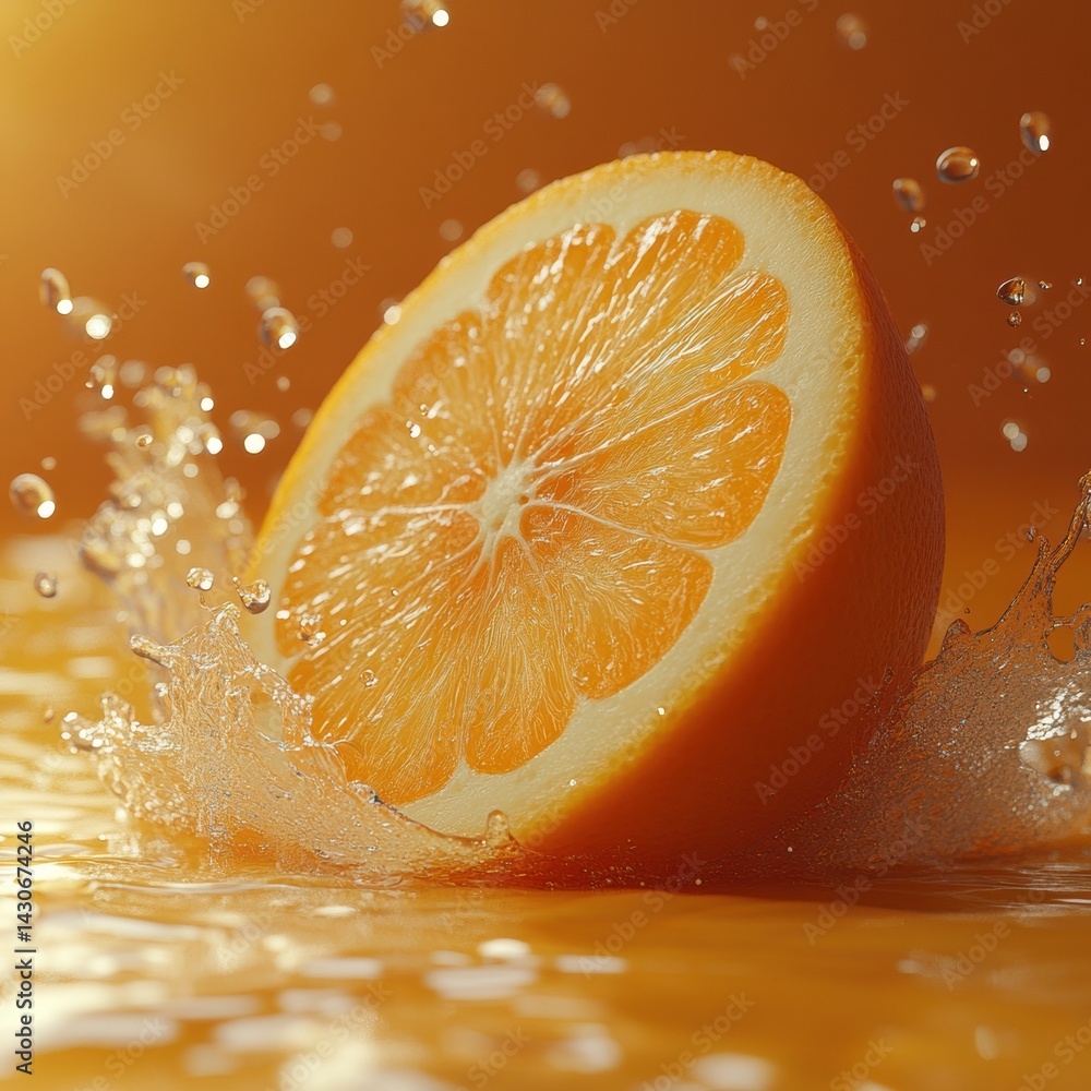 Poster vibrant orange slice creating a splash of juice in a bright colorful scene with detailed textures