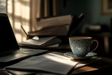 Cozy workspace with laptop, papers, and floral teacup in sunlit room