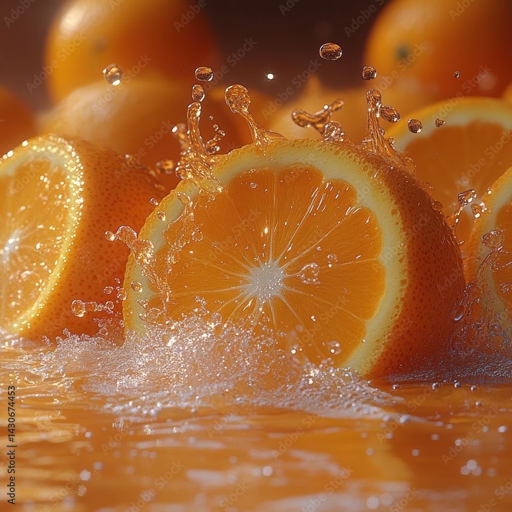 Poster bright orange juice splash with fresh orange slices creating a vibrant display in 3d rendering