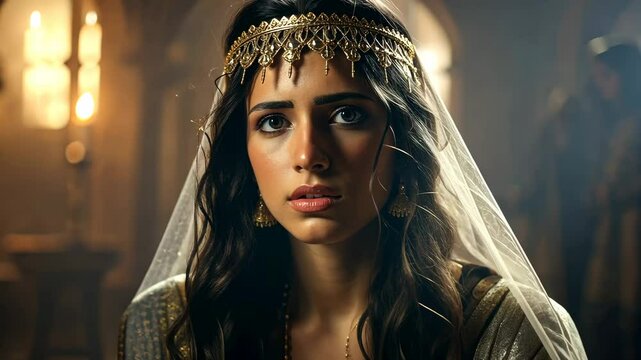 Royal woman in gold robe praying solemnly in sacred candlelit biblical setting 4K