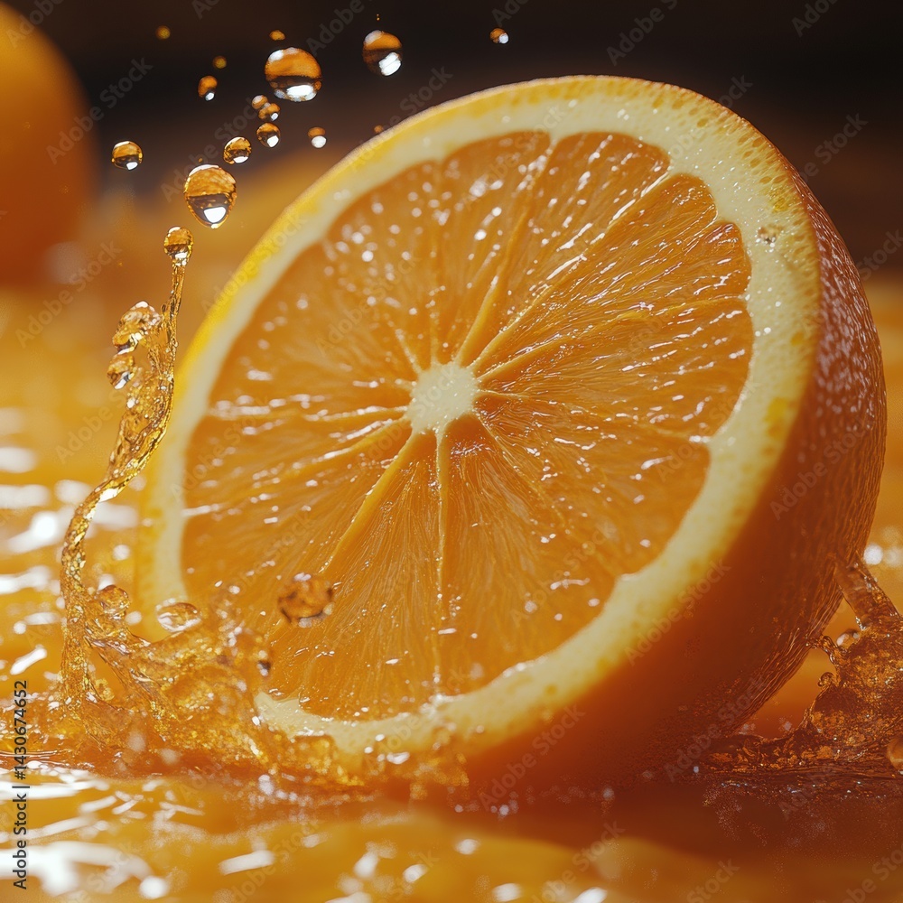 Poster captivating orange slice splashing in vibrant juice creates a refreshing close-up of fruit in a brig