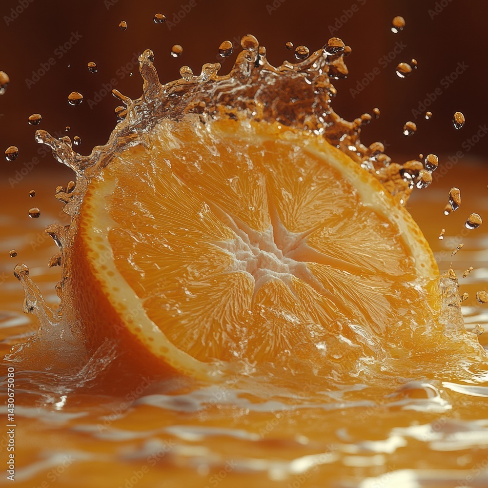 Poster vivid orange slice creates a dynamic splash in refreshing juice with bright tones rendered in high d