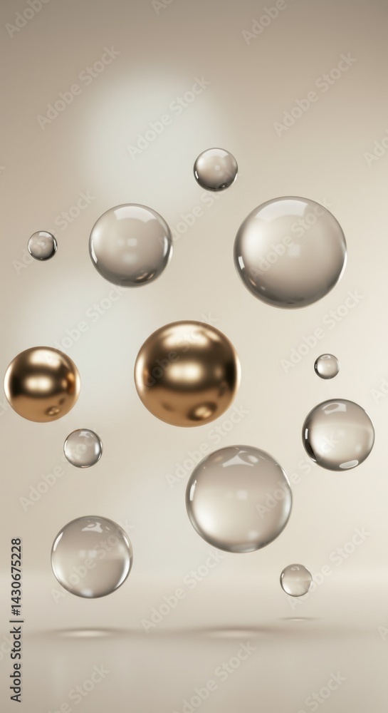 Aufkleber abstract composition of floating spheres: elegant gold and transparent bubbles in a beige setting