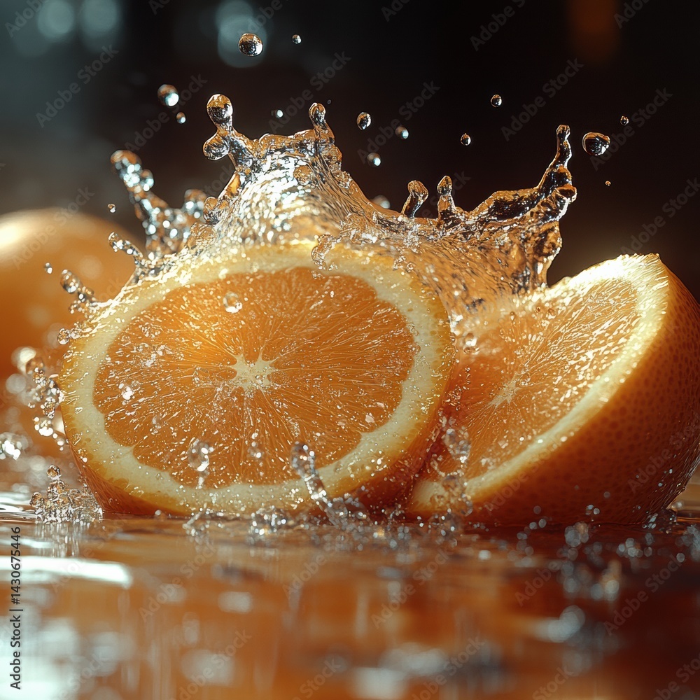 Poster bright orange slices create a stunning splash of juice in a vibrant setting capturing the essence of
