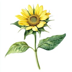 Obraz premium Detailed illustration of a vibrant sunflower. A single sunflower with yellow petals and a dark center, set against a stark white background. Intricate depiction of leaf structure and stem