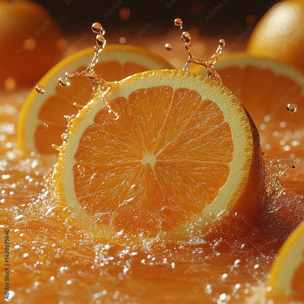 Poster vibrant close-up of freshly sliced orange creating a splash in juice with a bright 3d rendering unde