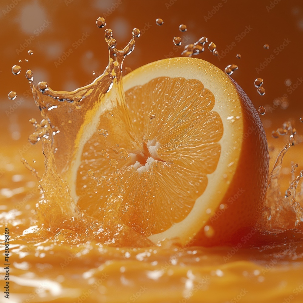 Aufkleber vivid orange half splashes into bright orange juice creating dynamic droplets in a 3d rendered scene