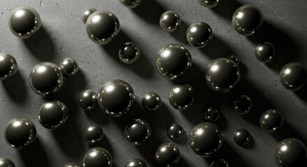 Abstract Dark Grey Background with Scattered Metallic Spheres, 3D Rendering, Geometric Design, Minimalist Style, Shadow Play, Dark Theme, Luxury Texture