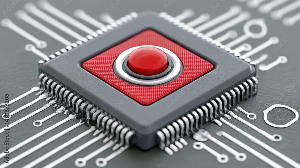 Aufkleber red button on gray microchip close up