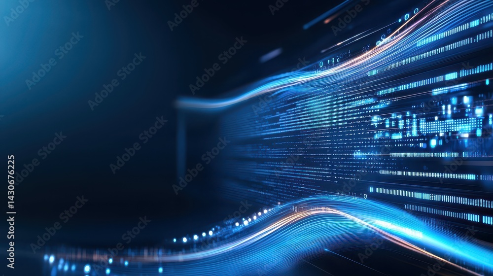 Poster dynamic blue digital wave pattern illustrating technology and data flow.