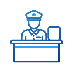 Blue outline icon of a person at a desk