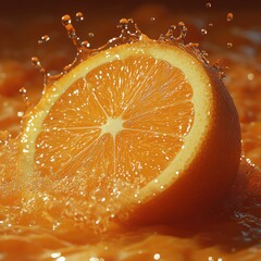 Bright orange slice surrounded by fresh juice splash in vibrant tone captured with 3D rendering techniques showcasing intricate details