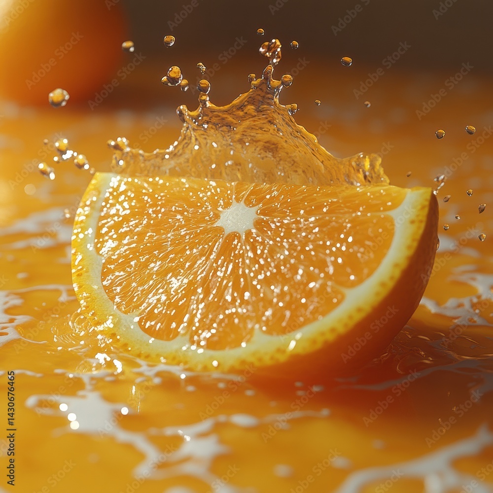 Poster captivating close up of vibrant orange and juice splash showcasing dynamic movement and bright tones