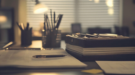 Office desk with documents, files, and stationery in a cozy work environment