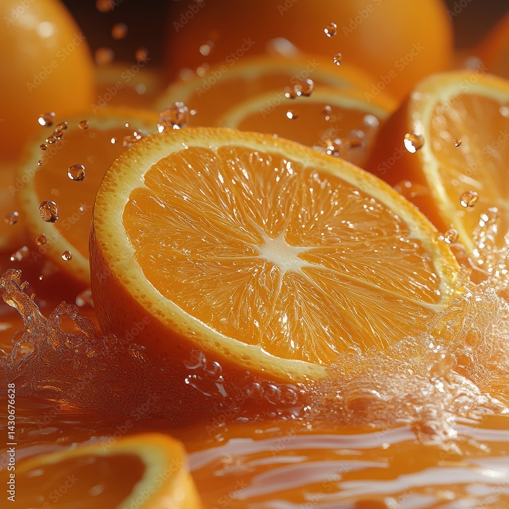 Poster beautiful orange slice with juice splash in vibrant tone captured using advanced 3d techniques showc