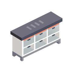 Isometric storage cabinet with six drawers and tabletop