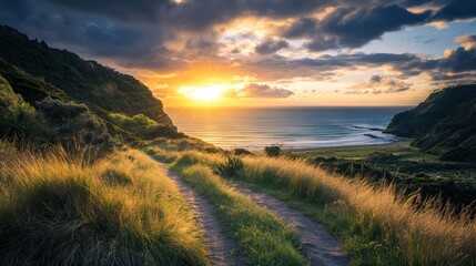 Coastal sunset path, ocean view, dramatic sky, travel