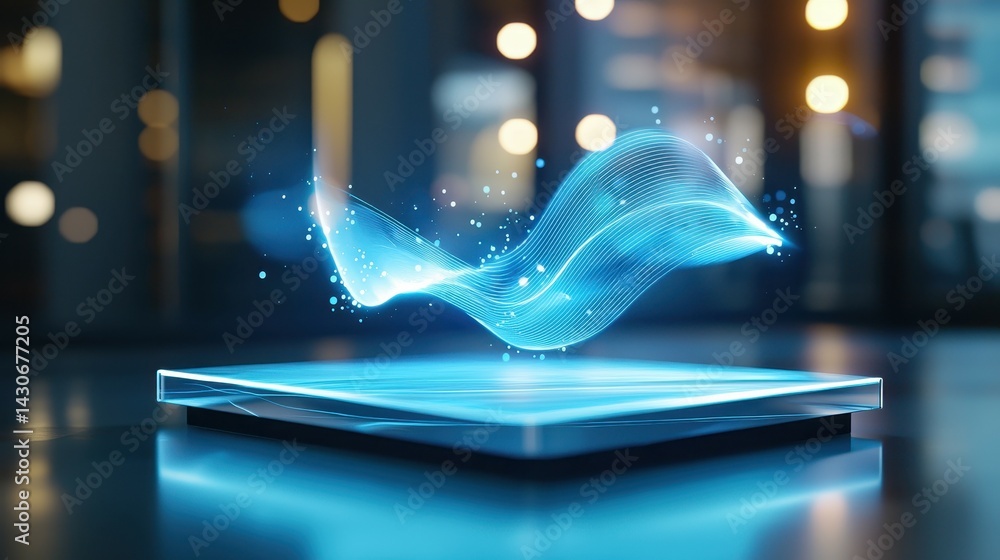 Poster a glowing blue wave of light emanates from a futuristic base, creating a mesmerizing effect.
