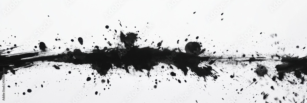 Poster abstract black ink splatters spread dynamically across a white surface, forming an energetic texture